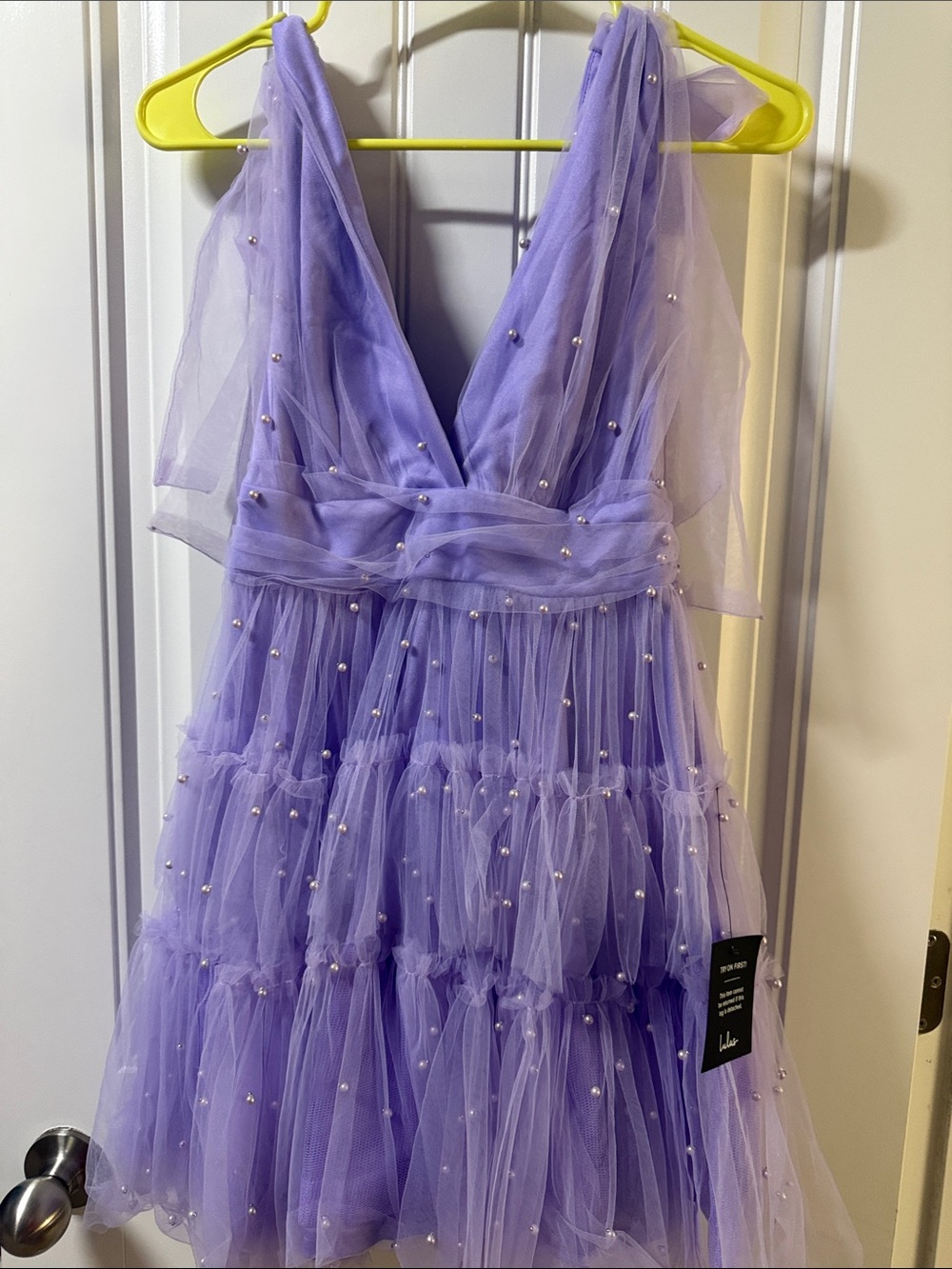 Lulu's Lavender Pearl-Embellished Tulle Dress